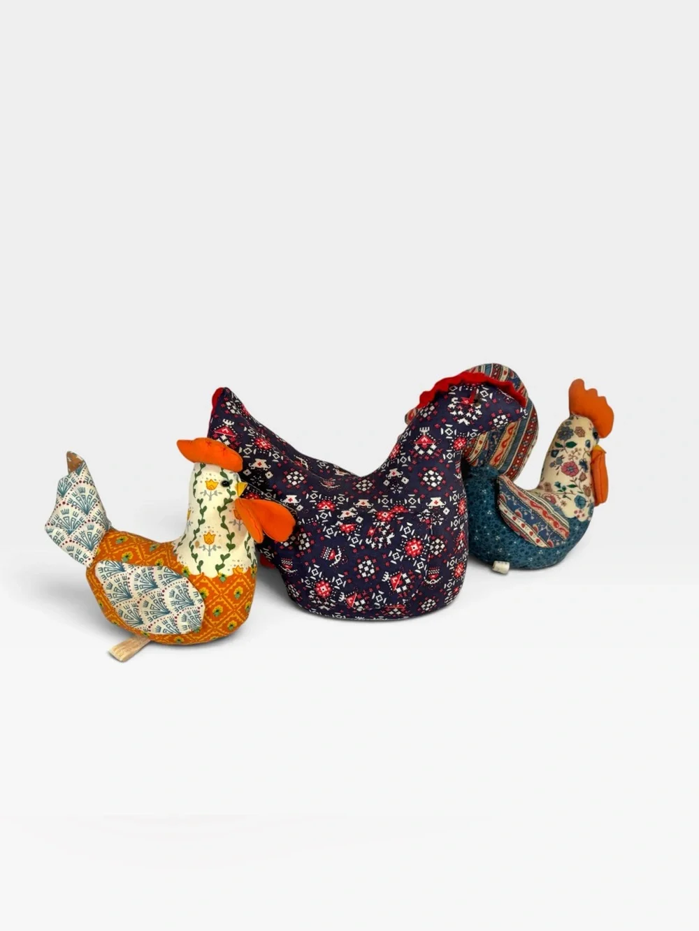 Vintage Quilted Fabric Chicken Rooster Family Set Of 3 Hen Pockets Farmhouse